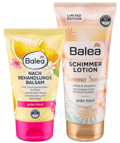 Balea 2er-Set Hautpflege: NACHBEHANDLUNGSBALSAM pflegt & beruhigt beanspruchte Haut nach der Haarentfernung (150 ml) + Schimmerlotion Bodylotion SUMMER SUNSET Lotion Glitzer Schimmer (200 ml), 350 ml