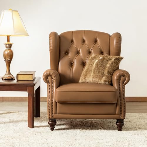 HULALA HOME Genuine Leather Accent Chairs, Button-Tufted Living Room Armchair with Removable Cushion, Traditional Single Sofa Chair with Nailhead Trim, Camel