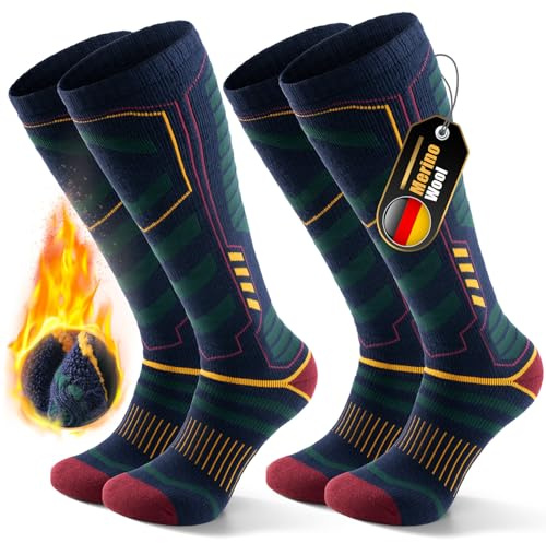PULIOU Ski Socks Merino Wool, Thermal Socks, Snowboard Socks, Breathable and Anti-Chafing, Suitable for Cold Weather Unisex for Men, Women and Teens, Green XL (2 Pairs)