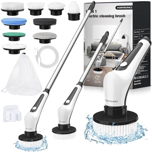 Homtronics Electric Spin Scrubber, [New Version IPX8 Waterproof] Cordless Electric Cleaning Brush with 9 Brush Heads, 120cm Adjustable Handle Power Scrubber for Bathroom, Floor, Kitchen, Car (Black)
