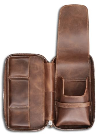 Crown & Tiger Small Cigar Case - Kompaktes Zigarrenetui aus Echtleder – Platz für bis zu 4 Zigarren & Zubehör – Luxuriöses Design