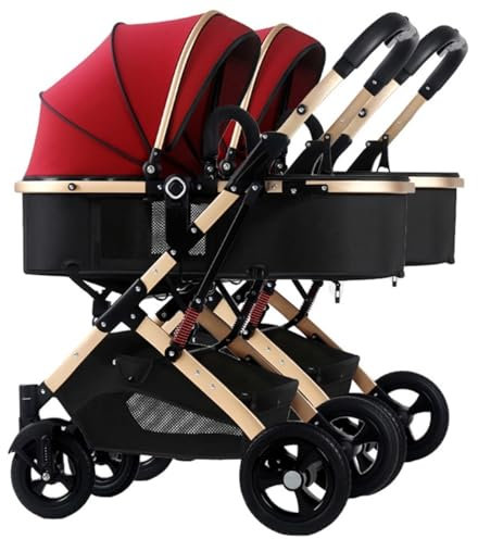 LEIYTFE Lusso Passeggino Tandem Doppio Sedile Fianco A Fianco Passeggino Gemellare Staccabile 2 Carrozzine Singole per Neonati con Telaio in Alluminio E Cestino Portaoggetti (Color : Red)