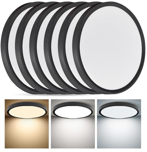 6PK 12 Inch Super Slim LED Flush Mount Ceiling Light, 24W, 2520LM, Selectable 3000K/4000K/6000K CCT, Low Profile Round Flat Panel Light for Bedroom, Kitchen, Hallway (Black)