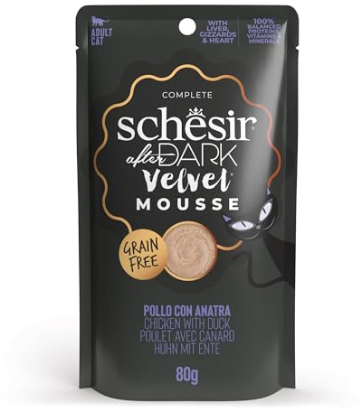Schesir After Dark kycklingfiléer med musanka hela våtfoder för katter i kuvert, gråfri, högt proteininnehåll, fuktkälla, 12 x 80 g