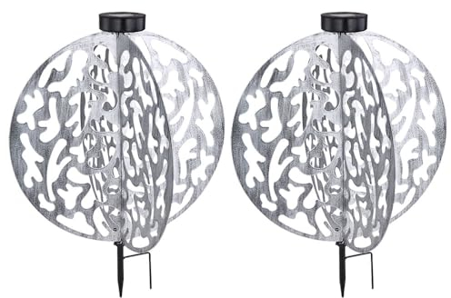 GLOBO Solarlampe Silber Terrassenleuchte Reto Außenlampe, LED Steckleuchte Gartendeko antik Balkon, Metall matt rund, 1x LED 3000K warmweiß, DxH 40x51cm, 2er Set