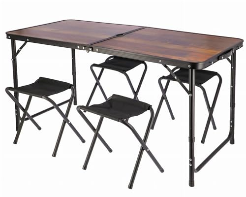 JUMI Klappbarer Campingtisch - Beistelltisch mit 4er Stuhle Set, Klapptisch zum Camping, Multifunktion - Balkon möbel Set, gartenmöbel Set - Tischhöhenverstellung (Holzfurnier + Schwarze Stühle)