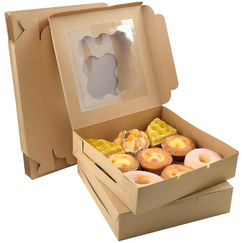 AWCIGG 15 Stück Gebäckkarton mit Sichtfenster 25,4 x 25,4 x 6,35 cm Tortenschachtel Kraftpapier Box Quadratische Braune Geschenkbox für Cookies Cupcakes Macarons Kuchen Weihnachtsfeier