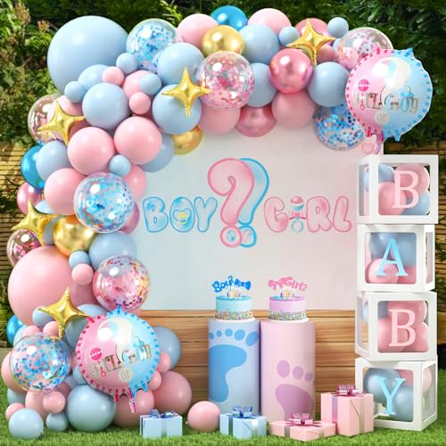 vamei 122pcs Gender Reveal Party Decoration avec Boite Baby, Kit Arche Ballon Rose Bleu, Boy or Girl Ballon, Cube Baby Shower Décoration Baptême Révélation Sex Bebe Garçon Fille