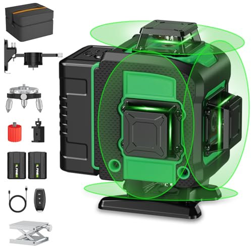 Niveau Laser Autonivelant Vert 4 x 360°, Laser Chantier 4D 16 Lignes, Autonivellement et Mode Pulsé Extérieur, 2 x Batterie, Nivellement Automatique, Support Rotatif, Télécommande（Deux piles）