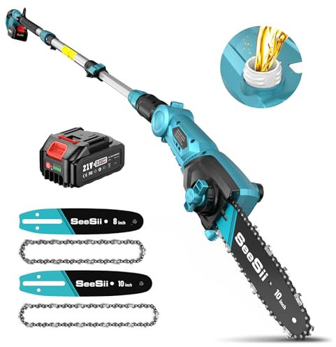 SEESII 8&10 Zoll Hochentaster mit 4000mAh Akku, Teleskop Kettensäge mit Verlängerungsstange und Gurt, Arbeitshöhe bis zu 4,57 m, mit Automatischem Öler, Ideal für Garten und Astschnitt