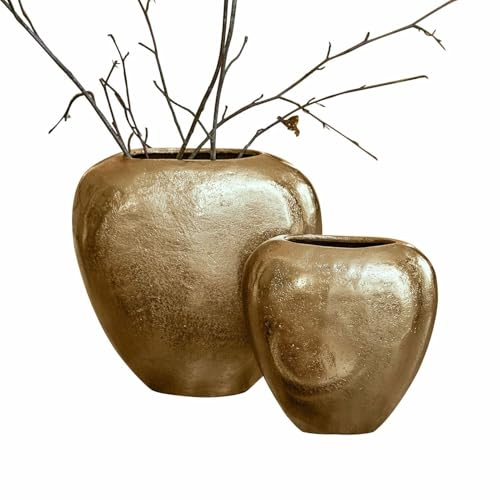 Loberon Vase 2er Set Cezelle, Zwei Größen, Ovale Form, Einzigartige Strukturoberfläche, Elegantes Design, Blumenvase, Dekoration, Aluminiumguss, Champagner