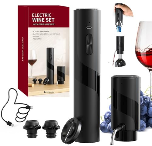 CIRCLE JOY Sacacorchos Eléctrico Juego de regalo, Abrebotellas de vino recargable con cortador de papel de aluminio, aireador y vertedor de vino Eléctrico 2 en 1 y 2 tapones de vacío, Cable USB