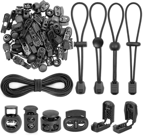 10m Elastische Gummischnur 3mm, Gummiband Rund Schnur Elastische Gummiseil mit 40 Kordelstopper Kordelklemme 40 Kordelstopper Schwarz Gummikordel für Kordelzug Rucksack Bekleid Wäscheleinen (10M)