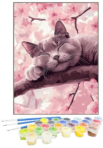 Malen Nach Zahlen Erwachsene Katze, Paint by Numbers Baum DIY mit Pinseln und Acrylfarben Handgemalt öLgemäLde Leinwand für Kreative Heimdekoration Geschenke für Frauen, Ohne Rahmen 50 x 70 cm P9-Z