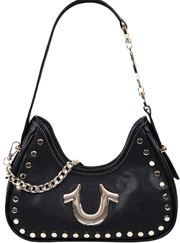 True Religion Hobo Bag Schultertasche mit Nieten und Hufeisen-Logo und Kettenbeschlägen, Schwarz