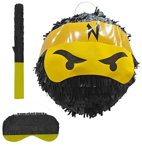 Relaxdays Pinata Ninja, mit Stab & Maske, Partypinata Kinder, Geburtstag, Schlagpinata zum Befüllen, Ø 25 cm, schwarz