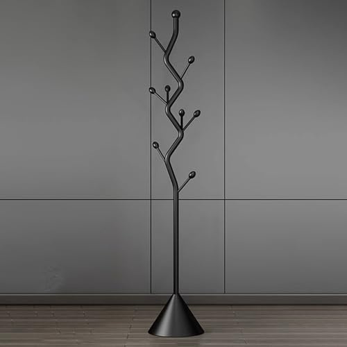 TETK Baumförmiger Garderobenständer, 28 × 28 × 183cm, Kohlenstoffstahl, Konischer und fester Boden, 9 Haken, Jackenständer, Hanger Stand, Lackiert, Glatte Oberfläche (Schwarz)
