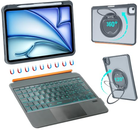 WIWU Funda iPad 11 Generación Teclado Air 11 Pulgadas M4/M3/M2 Desmontable | Magnética Soporte de 360° Teclas Retroiluminadas Trackpad Soporte para Lápiz Color Gris para iPad 10, Air 5/4 Pro 11 4/3/2/1