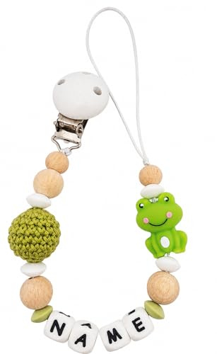 Individuell gestaltetes Babygeschenk personalisiertes Schnullerkette mit Namen für Mädchen oder Junge Baby Geschenk personalisiert zur Geburt & Taufe (Frosch apfelgrün)