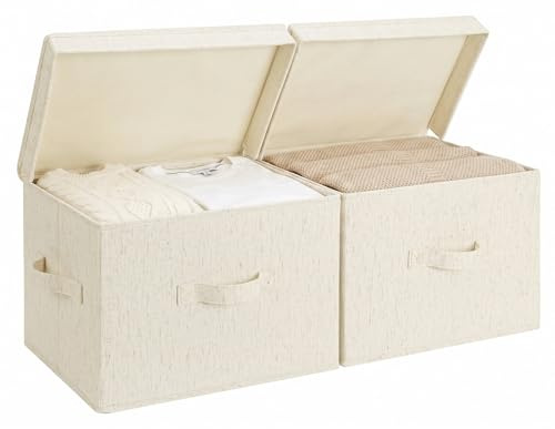 StorageWorks Aufbewahrungsbox Stoff mit Deckel, Kisten Aufbewahrung mit Deckel groß, Langlebig Aufbewahrungskörbe mit Griffen, Faltbare Aufbewahrungsboxen für Kleidung, beige, 2 Stück | Klappdeckel, 3 Griffe, faltbar, stapelbar, für Kleidung, Decken, Mehrzweck, groß, rustikales Leinen, 2 Stück