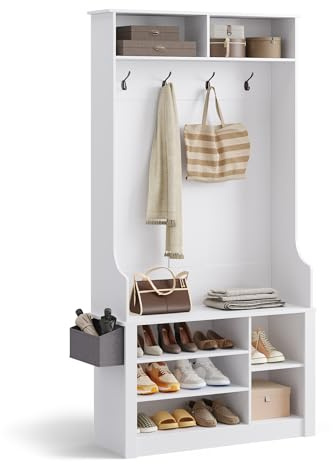 Xbro Appendiabiti Ingresso con Panca e Scarpiera, Attaccapanni da Terra Salvaspazio con 4 Ganci e 5 Ripiani Regolabili, Mobile Ingresso per Entrata e Corridoio, 90x30x183 cm, Bianco Nuvola