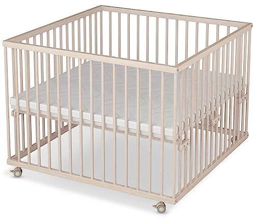 Sämann Laufstall Baby 100x100 cm mit Matratze | TÜV geprüft 2023 | stufenlos höhenverstellbar | Laufgitter Premium | Babybett aus Holz | Krabbelgitter natur