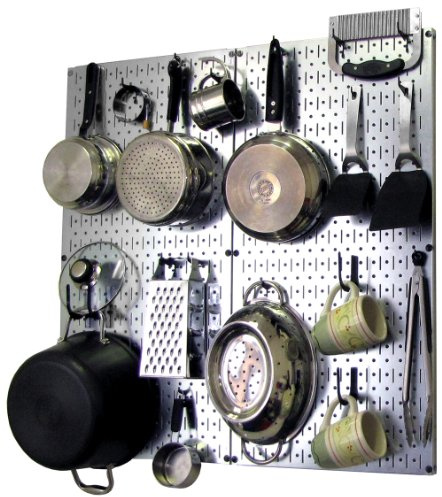 Wall Control Kitchen Pegboard Organizer Pots and Pans Storage Rack Organization Kit with Metallic Silver Pegboard and Black Accessories