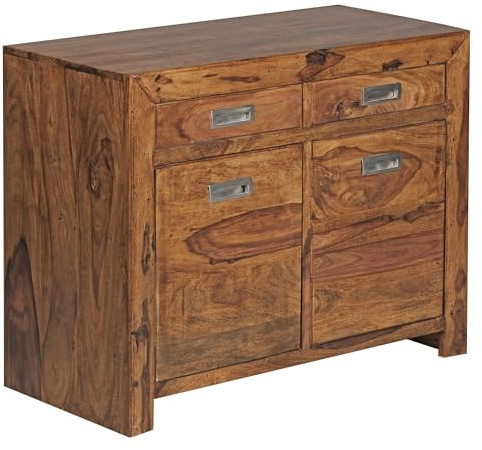 Wohnling Sideboard Mumbai Massivholz Sheesham Kommode 90 cm 2 Schubladen 2 Türen Design Highboard Landhaus-Stil braun Natur