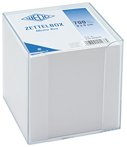 Wedo 270265016 Zettelbox Kunststoff (9 x 9 cm, gefüllt, circa 700 Blatt) transparent/weiß