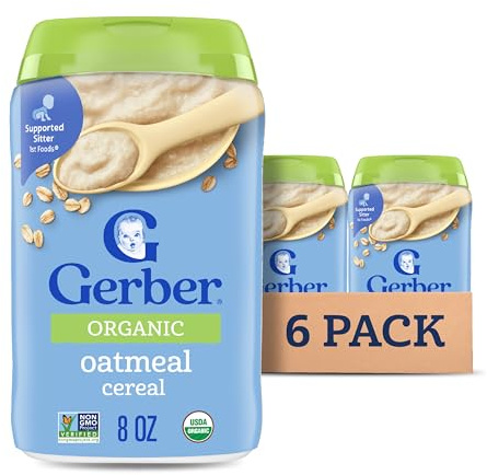 Gerber Stage 1 Baby Food, Organic Baby Oatmeal Cereal, 14g Whole Grains, Iron, Zinc & Vitamin B12, Infant Cereal, 6-Pack