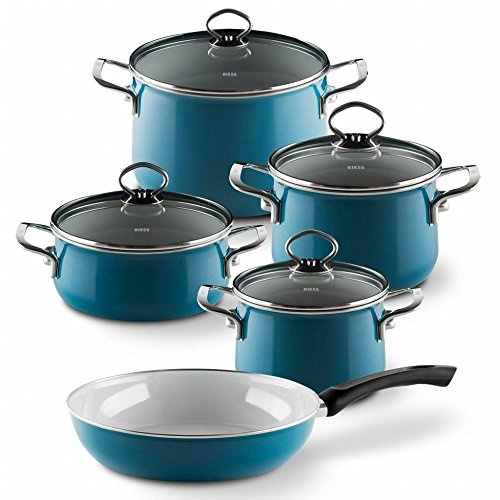 Riess, 0558-010, Emaille-Set 5-teilig, AQUAMARINBLAU, Emaille, Made in Österreich, LBH: 50,0x30,0x40,0cm, 10,410kg, Induktionskocher kompatibel, Gasherd_geeignet, Elektroherd_geeignet