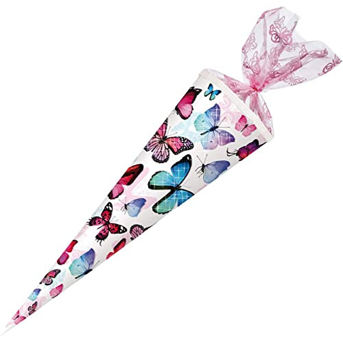 Nestler 5707795s - Schultüte Schmetterling, 70 cm, rund, mit Textilborte und Verschluss aus Organza, mit Glitzerdruck