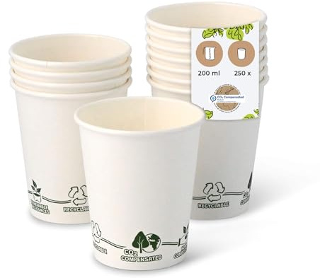BIOZOYG 250 Stück Kaffeebecher Pappbecher 200ml / 8 oz Ø 80 mm weiß mit Umweltmotiv - Einwegbecher plastikfrei - Becher aus nachhaltiger Forstwirtschaft - Kaffeebecher Einweg