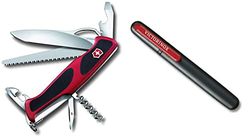 Victorinox Ranger Grip 79 Swiss Army Pocket Knife, Large, Multi Tool, 12 Functions, Locking Blade, One Hand, Red/Black & Dual Knife Sharpener, Swiss Made, Portable, Black/Red