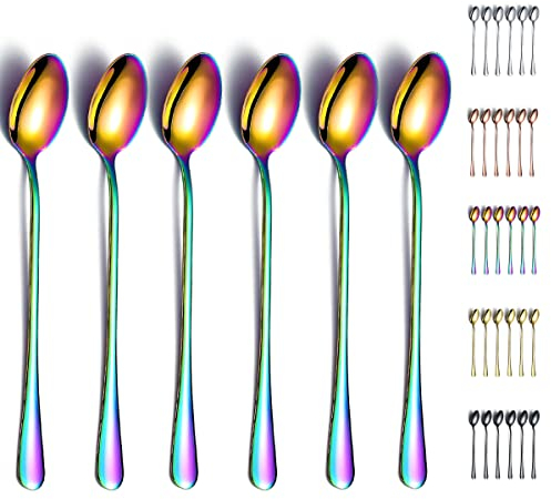 Regenbogen Eisteelöffel,Kyraton Edelstahl 7,5 Rührlöffel mit bunter Titanbeschichtung,Rührlöffel, Eislöffel, Barlöffel, Cocktaillöffel, Latte-Löffel, 6 Stück