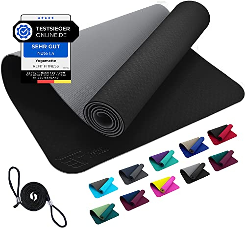 REFIT FITNESS Yoga Matte Perfect-Fit 190 x 60 x 0,6 cm Schwarz Silbergrau GeckoGrip Sensi-Plus TPE Yogamatte Rutschfest Schadstofffrei Tragegurt Sportmatte Fitnessmatte Gymnastik Sport Pilates