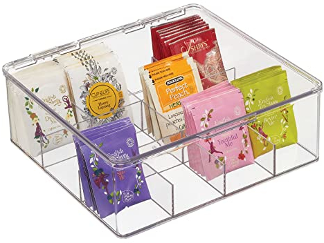mDesign Plastic Kitchen Organiser — Practical Storage Box with 12 Compartments and Hinged Lid — Pantry Storage Box with Lid for Tea, Coffee, Spices and Other Foodstuffs — Clear