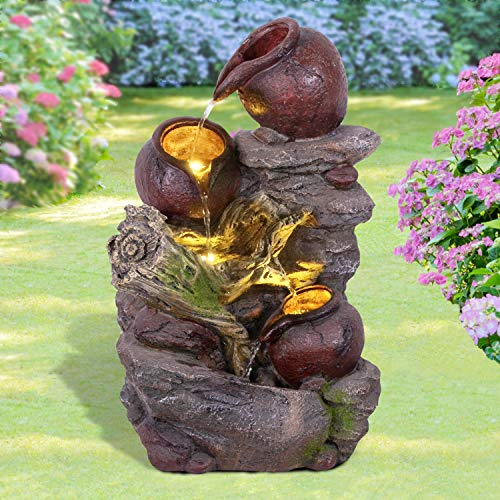 Gartenbrunnen Brunnen Zierbrunnen Zimmerbrunnen Springbrunnen Brunnen Wasserfall Wasserspiel für Garten (STEINKRUG mit LED-Licht - 230V)
