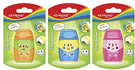 KEYROAD Ergonomischer Doppel-Anspitzer 2-in-1 mit Radiergummi/ 1 Stück/Kunststoff/Klingen aus Stahl/von Bleistiften und Buntstiften/Blister - Mischfarben/, KR972118
