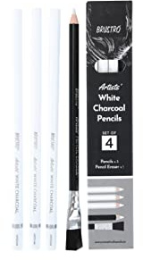 Brustro Lot de 3 crayons charbon blancs + 1 gomme