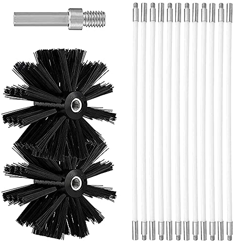Ruolin Kit de Réglable Brosse Nettoyage de Cheminée, Ensemble de Brosse de Cheminée Comprenant 12 Tiges Flexibles de 410 mm et 2 Têtes de Brosse pour Poêle à Bois, Outil Nettoyage pour Cheminées