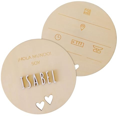 nagu® Personalisierte Babypresent Geburt. Holzplatte 12 cm mit Sternen oder Herzen, „Hello World“ und Name. Personalisierte Babykegeschenk-Set Mädchen oder Junge mit Klebebuchstaben