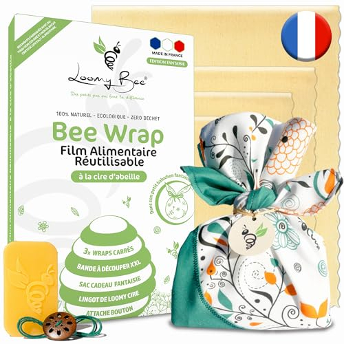 Loomy Bee Wrap : Film Alimentaire Réutilisable - Beewrap Français XXL à découper Emballage Cire d'Abeille Réutilisable, Ecologique et Zéro Déchet pour Conservation Des Aliments. Cadeau Ecolo (Naturel)