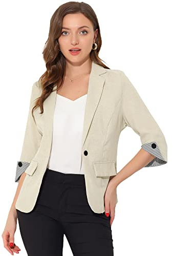 Allegra K Blazer de Trabajo de Manga 3/4 con Cuello de Solapa con Muescas para Mujer Beige XS