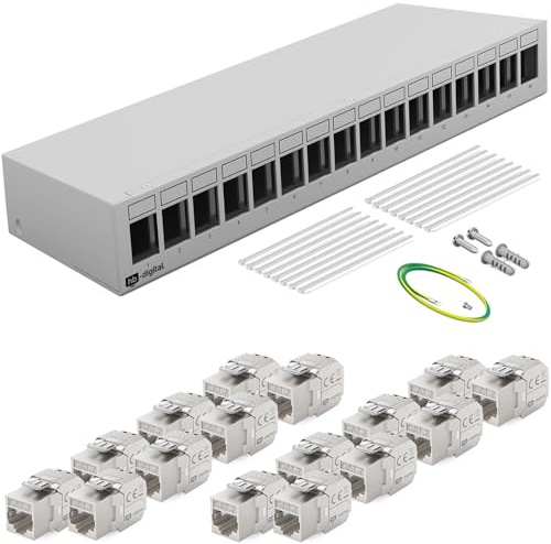 HB-DIGITAL 16-Port Patchpanel Patchfeld Verteilerfeld 1 HE 16x CAT 7 RJ45 Keystone Jack Modul vollgeschirmt STP 10 Gbps Kompatibel mit Verlegekabel Netzwerkkabel Ethernet LAN - Hellgrau