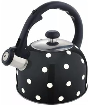Luckyberg Moderne Pünktchen-Motiv Teekessel Induktion, Edelstahl Pfeifkessel, Teekessel für alle Kochplatten, Flötenkessel mit Bequemer griff, Wasserkocher für Tee & Kaffee, 2,6l (Schwarz)