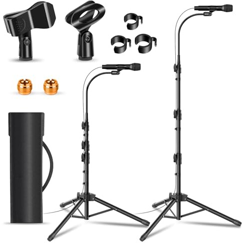 2 Pack Mic Stand Gooseneck Microphone Boom Stand for Singing Height Adjustable from 24” to 67” with 2 Mic Clips for Adults and Kids Singing Lecture Stage