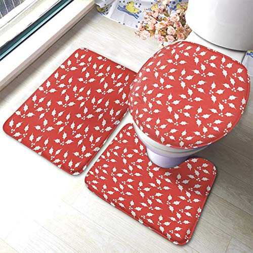 Set 3 Teilig Badvorleger Holly Leaves Poinsettias Cherry Botanical Plant Frohe Weihnachten Badematte 3-TLG Langlebige Anti-Rutsch Badgarnitur Badematten, Für Badezimmer, Badewanne