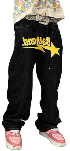ORANDESIGNE Herren Baggy Jeans Y2K Jeanshose Vintage Bedruckt Denim Hosen Men Hip Hop Streetwear Hose Teenager Jungen Straight Leg Skateboard Jeans I Gelb XS