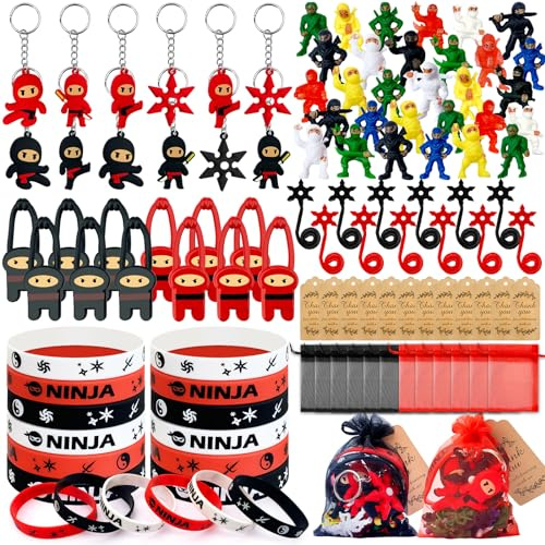 Moltby 96 Stück Ninja Mitgebsel Party Kindergeburtstag - Ninja Schlüsselanhänger Armbänder Fingerschleuder Fliegendes Spielzeug Ninja Deko Kindergeburtstag für Jungen